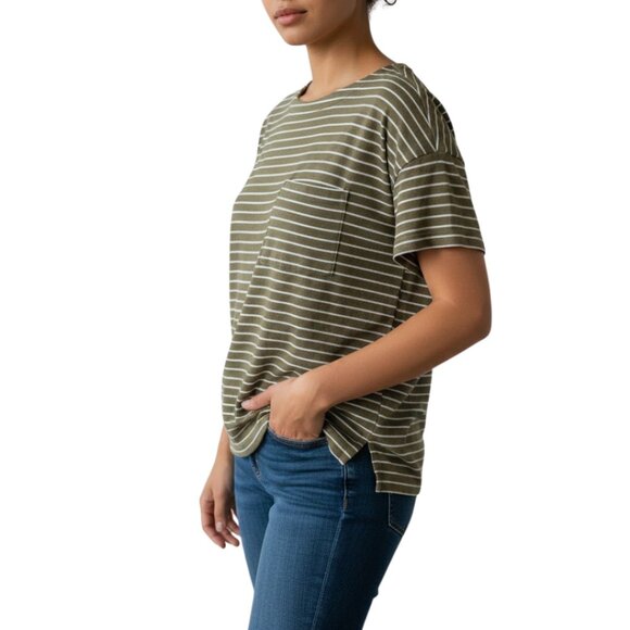 Eileen Fisher Striped organic hemp Cotton Short Sleeve Pocket Tee Olive – XXS - Picture 1 of 6